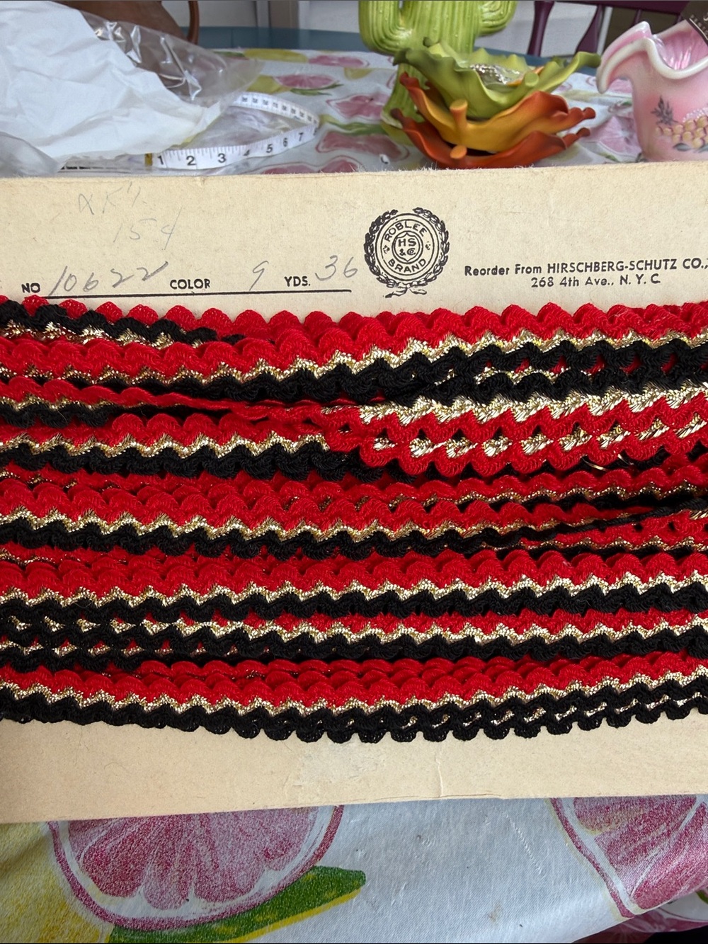 Vintage Roblee Decorative Ric Rac-black, red & gold selling by yard from 1940-60